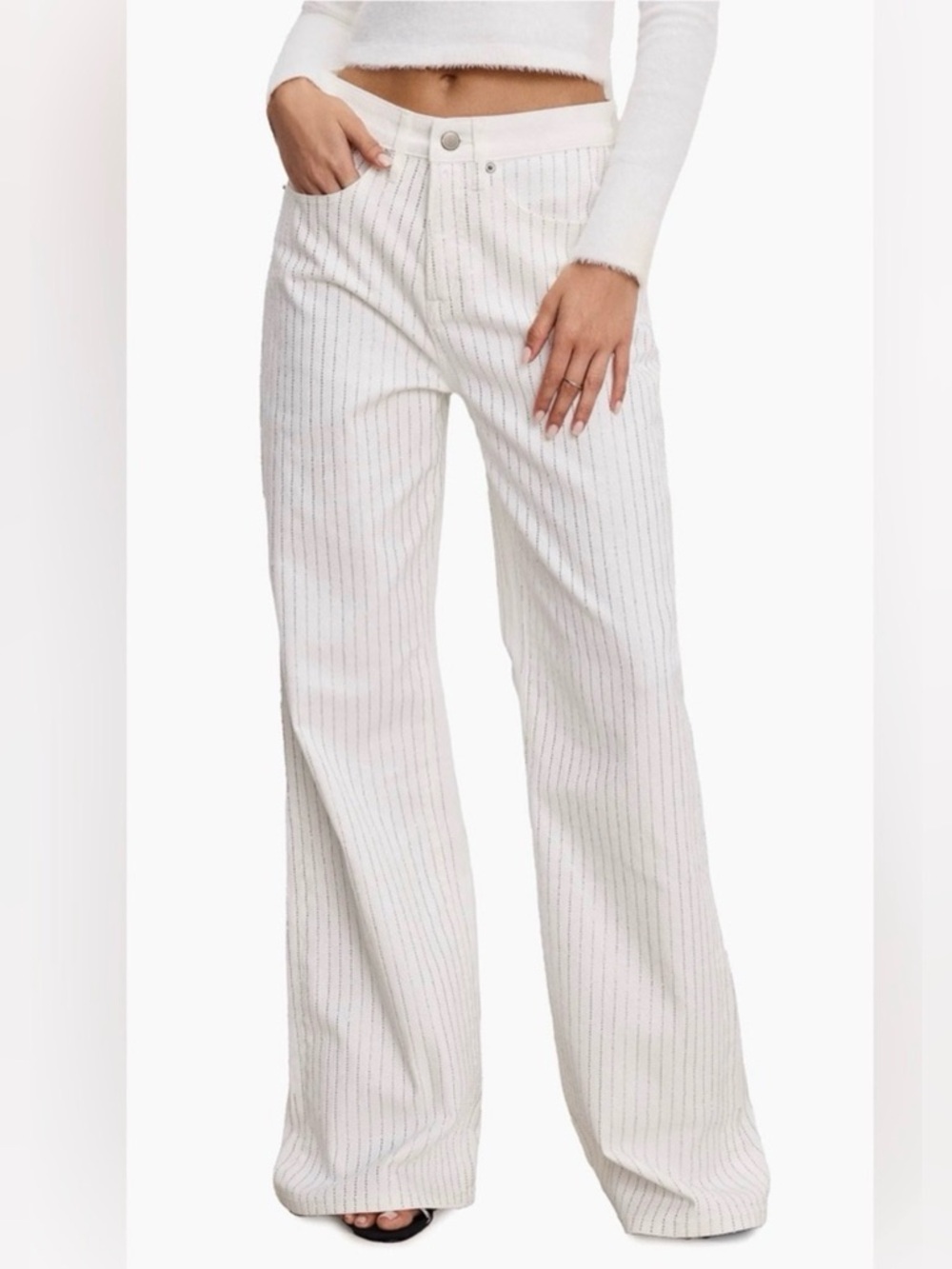 GOOD AMERICAN Wide-Leg Women’s Jeans W/ Rhinestone Pinstripes - 26/2 - Picture 3 of 13